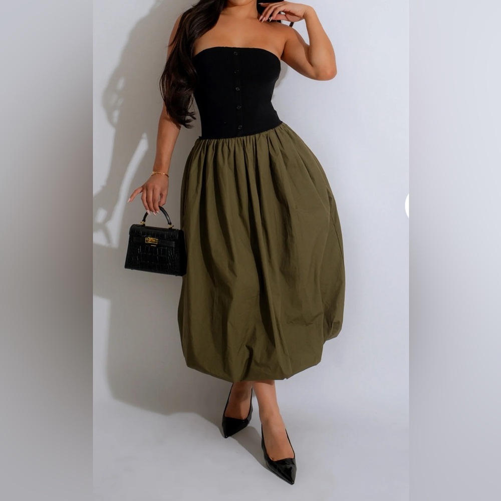 Women Lumiere black and green balloon midi dress size M. Preowned